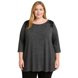 PerSeption Women Gray Knit Tunic Top 2X Lace-Up Shoulder 3/4 Sleeve